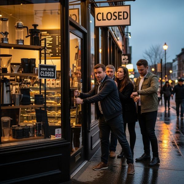 Four people trying to enter a closed cafe
