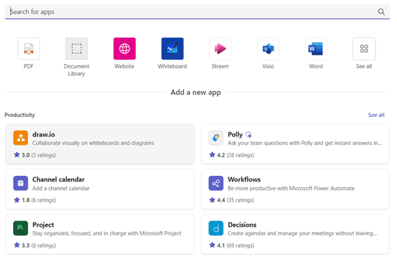 apps available in teams